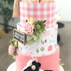 Pink Farm w/Pig, Cow, Corn, Cabbage and Felt Flowers Diaper Cake Baby Shower Birthday Baby Sprinkle Gift Centerpiece image 4