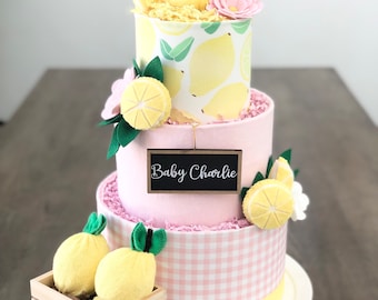 Large Pink Lemonade Lemons Diaper Cake Baby Shower Birthday Baby Sprinkle Gift / Centerpiece