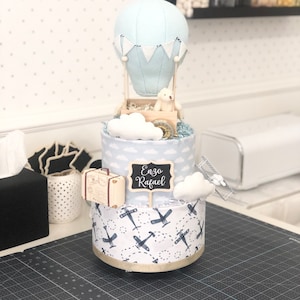 Medium Blue Hot Air Balloon Pilot Airplane Flight Travel Adventure Diaper Cake - Baby Shower, Birthday, Baby Sprinkle Gift / Centerpiece