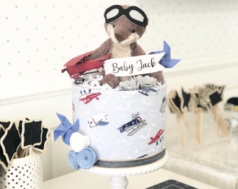 Otter Aviator Blue Red Airplane Flying Adventure Mini Diaper Cake Baby Shower Birthday Baby Sprinkle Gift / Centerpiece