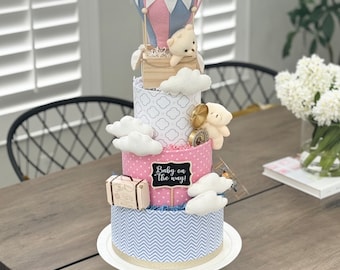 Large Pink & Blue Gender Reveal Hot Air Balloon Airplane Flight Travel Adventure Diaper Cake - Baby Shower, Baby Sprinkle Gift / Centerpiece