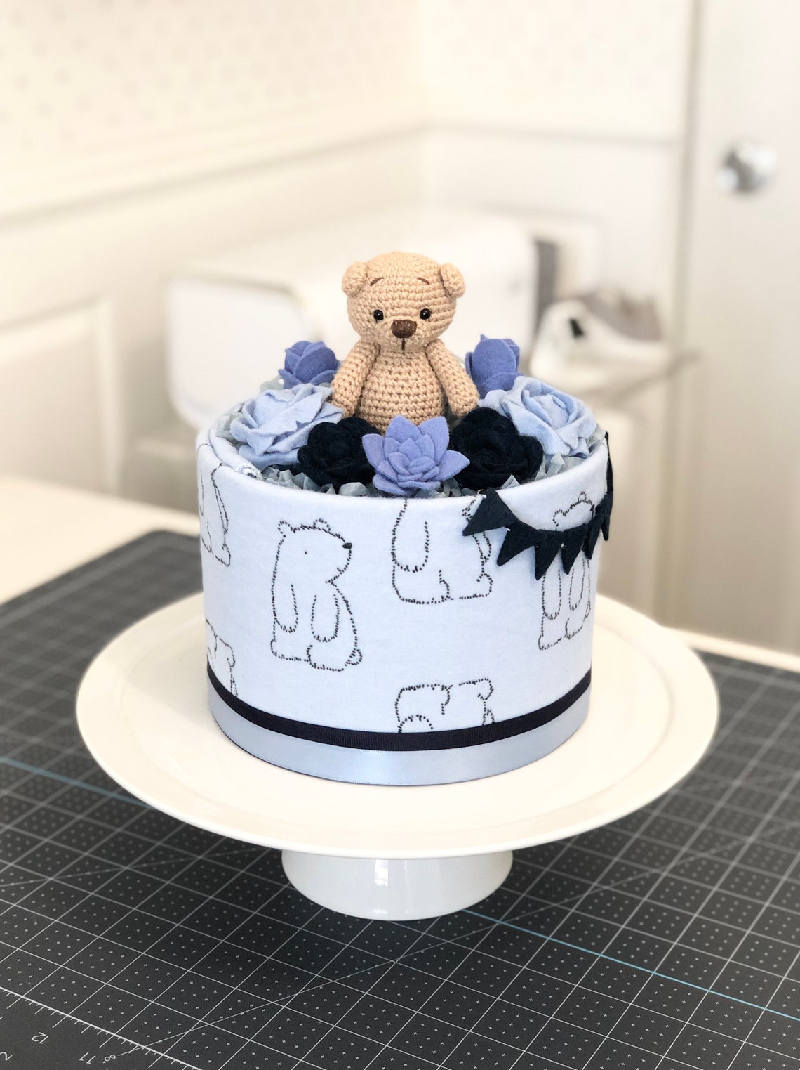 Blue Baby Boy Teddy Bear and Flowers Mini Diaper Cake Baby Etsy