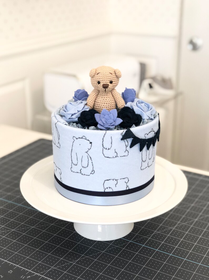 Blue Baby Boy Teddy Bear and Flowers Mini Diaper Cake Baby Shower ...