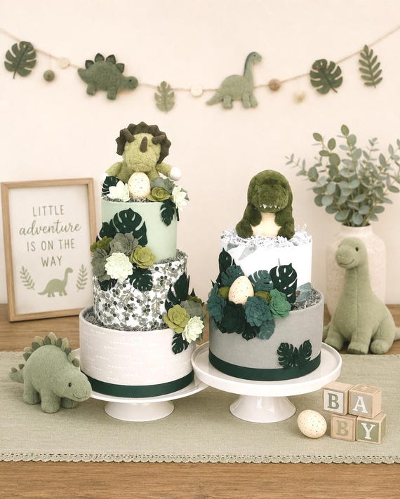 Dinosaur Diaper Cake Set, 2 & 3 Tier Dino Baby Shower Centerpieces
