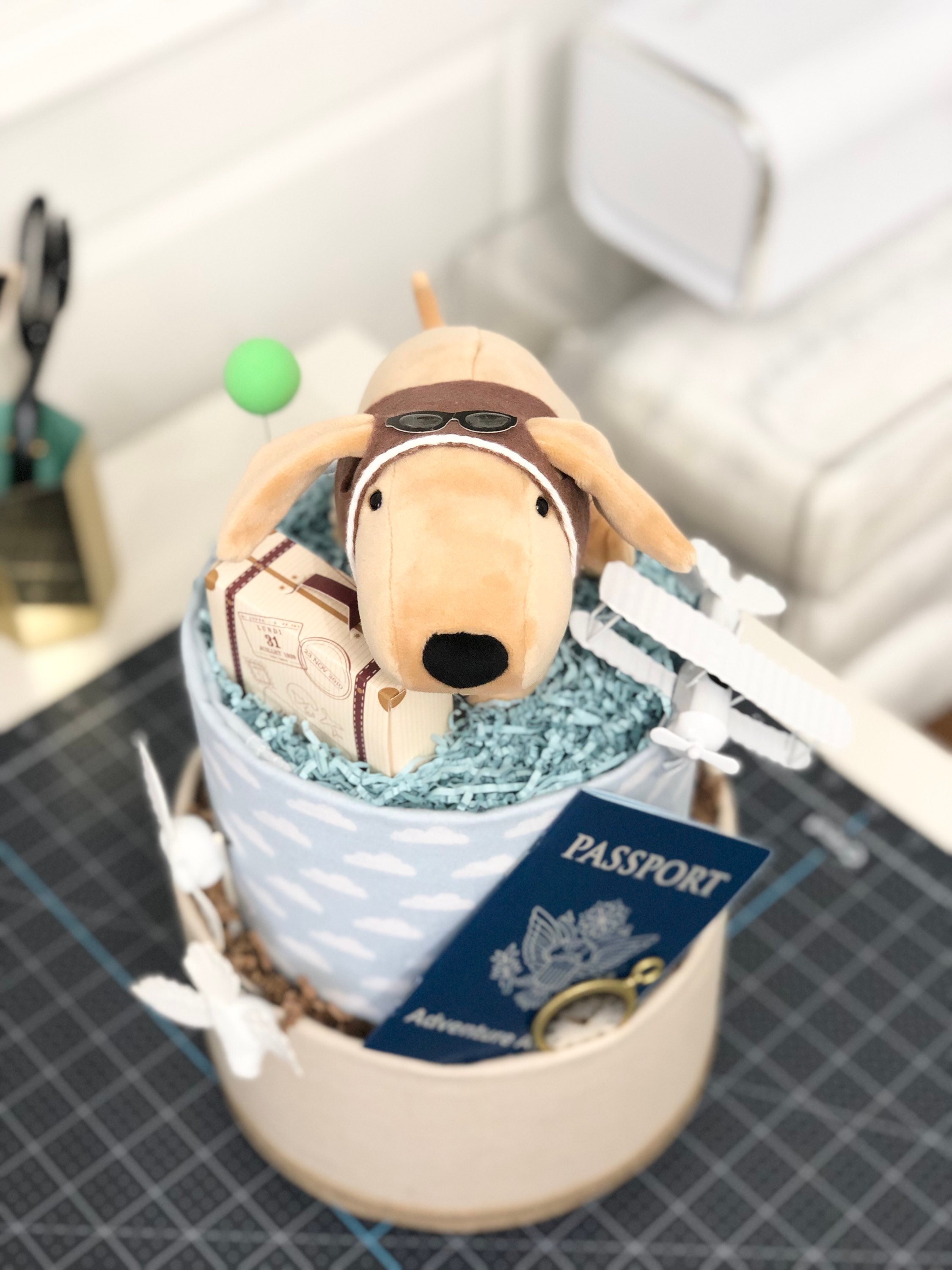 Dog Pilot Aviator Flight Airplane Travel Themed Diaper Cake Birthday Baby Shower Baby Sprinkle Gift Centerpiece