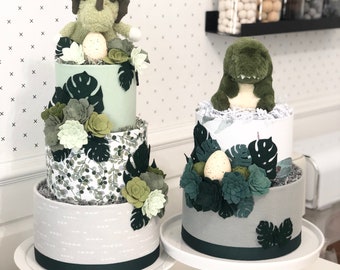 Large Gender-Neutral Green and Gray Dinosaur Themed Diaper Cake Baby Shower Birthday Baby Sprinkle Gift Centerpiece