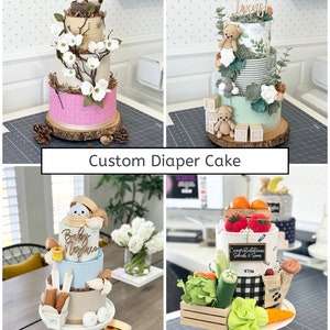 Custom Diaper Cake (ANY THEME- You Pick) - Baby Shower Birthday Gender Reveal Sprinkle Gift / Centerpiece