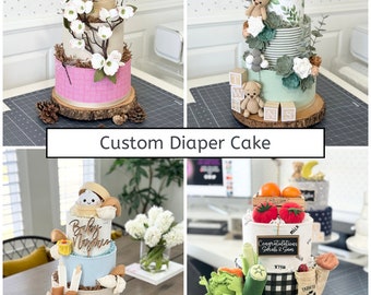Custom Diaper Cake (ANY THEME- You Pick) - Baby Shower Birthday Gender Reveal Sprinkle Gift / Centerpiece