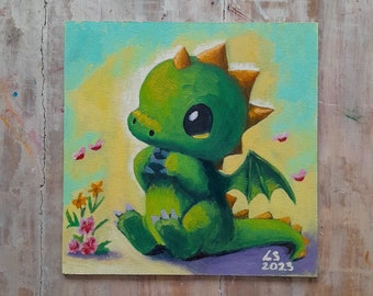 Peinture à l'huile de bébé dragon, peinture originale sur panneau de 7,8 x 7,8 pouces par Damalisu