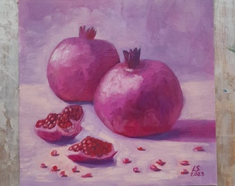 Nature morte à la grenade, peinture à l'huile de fruits, peinture sur panneau art grenade 10 x 10 po. par Damalisu