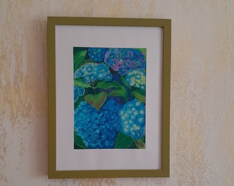 Peinture pastel à l'huile d'hortensia, art mural floral, oeuvre d'art originale format A3 par Damalisu