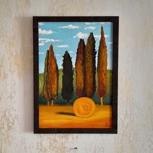 Peinture à l'huile de Toscane, peinture de cyprès, peinture de paysage, peinture d'arbre, oeuvre d'art originale 19,7 x 13,7 pouces par Damalisu image 1