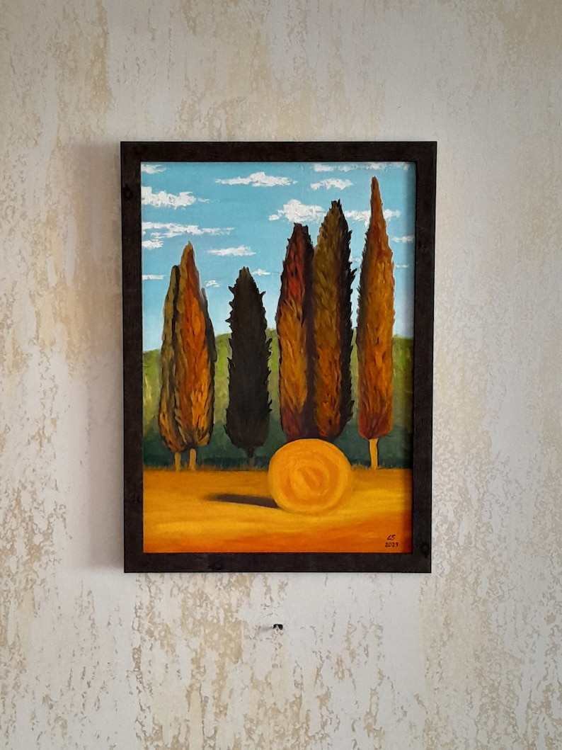 Peinture à l'huile de Toscane, peinture de cyprès, peinture de paysage, peinture d'arbre, oeuvre d'art originale 19,7 x 13,7 pouces par Damalisu image 1