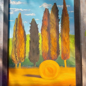 Peinture à l'huile de Toscane, peinture de cyprès, peinture de paysage, peinture d'arbre, oeuvre d'art originale 19,7 x 13,7 pouces par Damalisu image 2