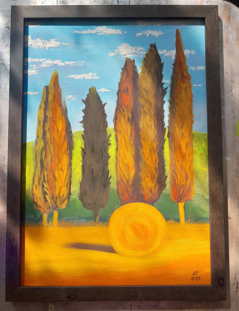 Peinture à l'huile de Toscane, peinture de cyprès, peinture de paysage, peinture d'arbre, oeuvre d'art originale 19,7 x 13,7 pouces par Damalisu image 2