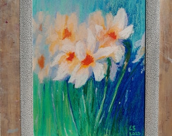 Daffodils Oil Pastel Painting Oil Pastel Flowers Painting Original Artwork A4 format by Damalisu