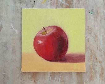 Apple Oil Painting Apple Wall Art Fruit Painting Kitchen Wall Art Original Art 6x6” by Damalisu