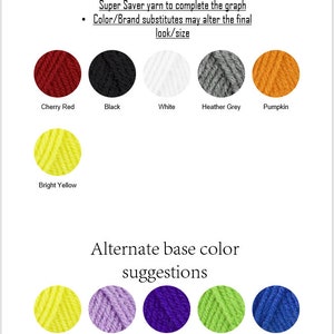 Puede incluir: Un gr&aacute;fico que muestra los colores de hilo para un proyecto de crochet. Los colores incluyen rojo cereza, negro, blanco, gris jaspeado, calabaza, amarillo brillante, orqu&iacute;dea, amatista, verde primavera y azul. El texto en el gr&aacute;fico dice "Estos son todos los colores sugeridos usando hilo Red Heart Super Saver para completar el gr&aacute;fico. Los sustitutos de color/marca pueden alterar el aspecto/tama&ntilde;o final. Sugerencias alternativas de color base. &iexcl;Me encantar&iacute;a ver los colores que eliges!"