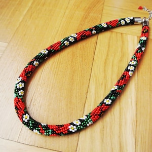 Flower bead crochet necklace Black red seed bead necklace Blossom necklace Beaded rope necklace Beadwork Floral bead jewelry Ukrainian gift