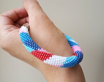 Geometric seed bead crochet bracelet "Dream", Blue White Pink beaded crochet rope, Beaded crochet bracelet, Beadwork, Bangle bracelet, Boho