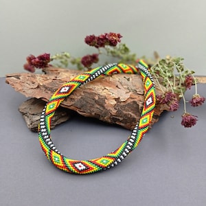 Bead Crochet Necklace &quot;Bucovina&quot;, Bead crochet rope, Colorful Crochet Necklace, Native Seed Bead Necklace, Beaded Bangle Beadwork