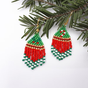 Christmas Seed Bead Earrings, Woven Fringe earrings, Small Bead tassel tribal earrings, Red green white gold bright unique, Santa Gift Ideas