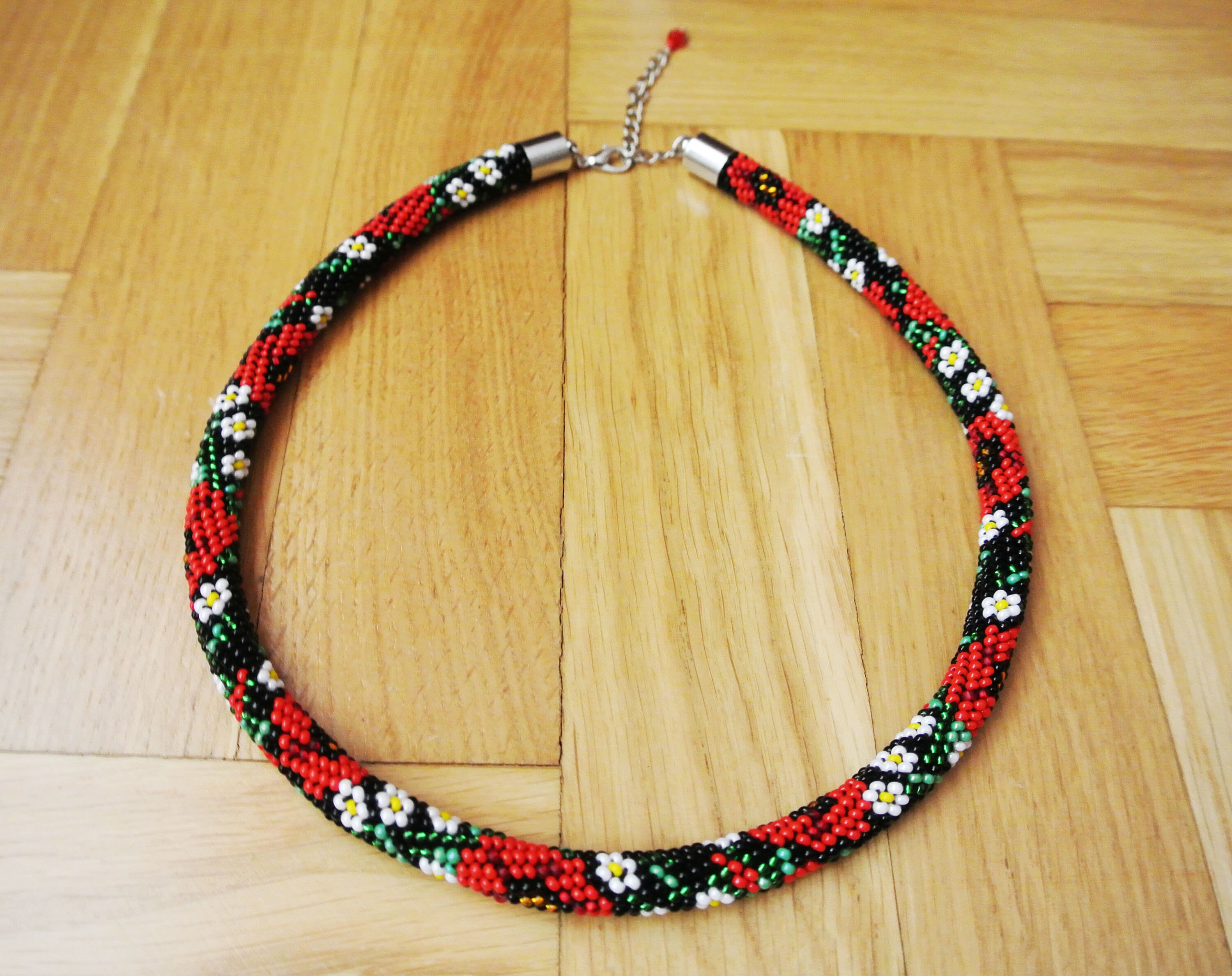 Flower Bead Crochet Necklace Black Red Seed Bead Necklace Etsy