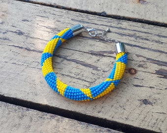 Ukrainian seed bead crochet bracelet, Geometric Bracelet, Blue and yellow bangle, Ukraine Flag, Stand with Ukraine, Beaded Crochet Rope
