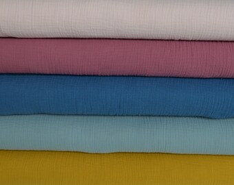 Muslin fabric double gauze pure cotton LIJIO children's fabrics uni rose mauve blue mint ochre