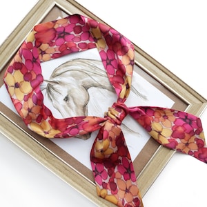 HAND-PAINTED Silk Skinny Scarf Double Faced, Luxury Birthday Gift for Woman, Red, Orange, Hot Pink 45&quot; Long Head Band, Hair Scarf, Neck Tie