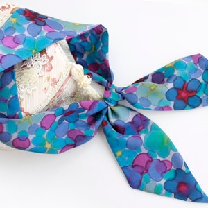 Blue, Navy HAND-PAINTED skinny silk scarf for hair, headband, neck, choker, purse, handbag wrap. Floral small scarf, gift for her