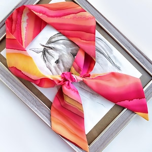 Hand-Painted Silk Skinny Scarf 41x2.7 in • Pink Fuchsia Orange Yellow • Abstract • Unique Luxury Gift for Her