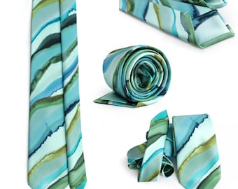Man Blue Hand-painted Silk Tie, Abstract Stripes, Groom Pale Blue Satin Necktie, Unique Wedding Gift, Groomsman Proposal, Luxury Dad Gift