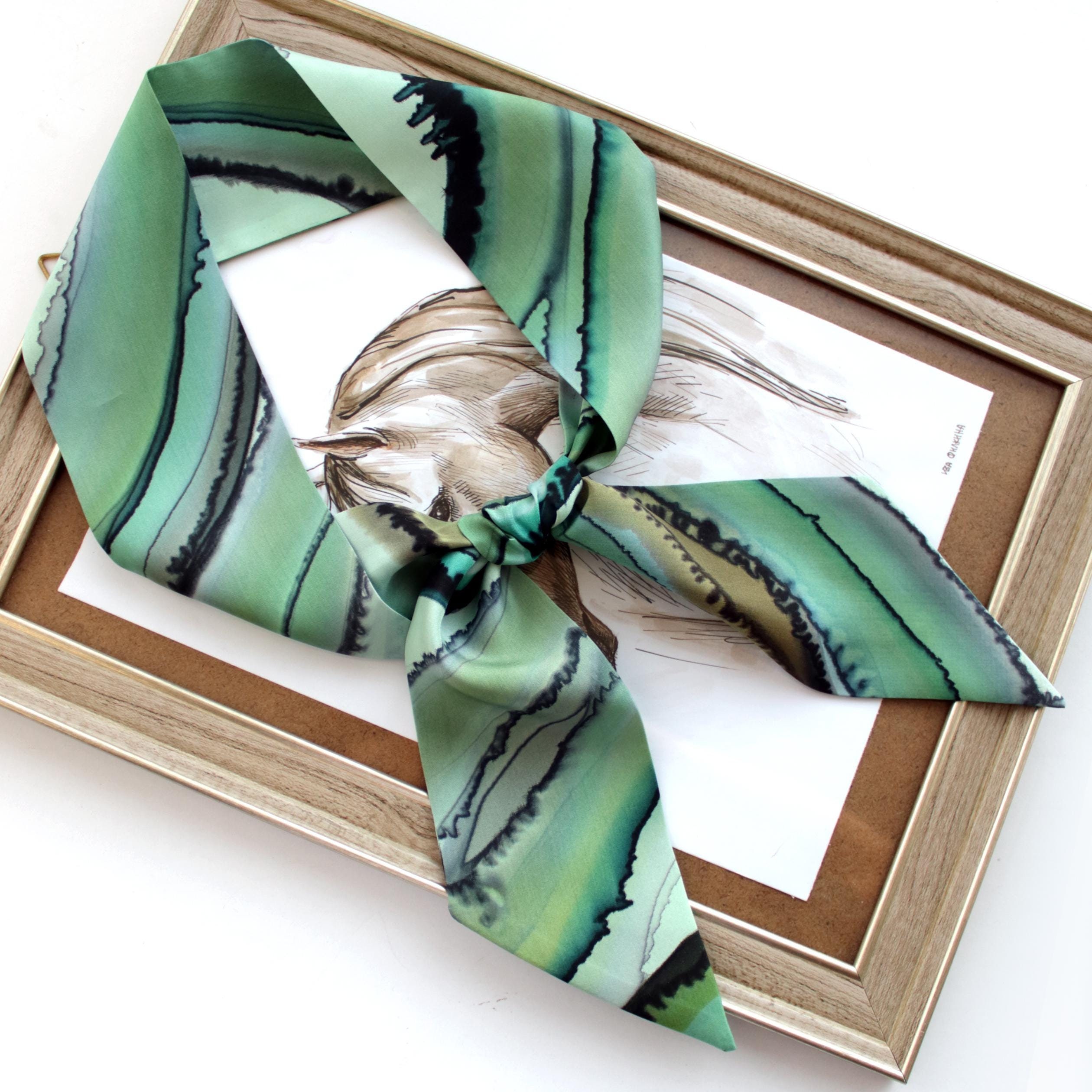 Hand-painted Mint, Grey Silk Skinny Scarf – Short Hair, Neck