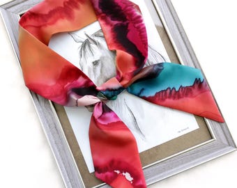 HAND-PAINTED orange pink skinny silk scarf for hair, headband, small neckerchief, purse, head ribbon, choker. Lovely woman gift.