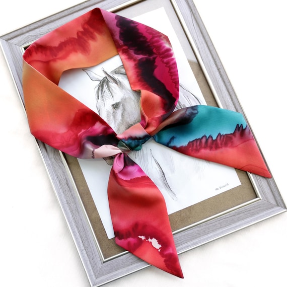 HAND-PAINTED Orange Pink Skinny Woman Silk Scarf for Hair  display picture 3