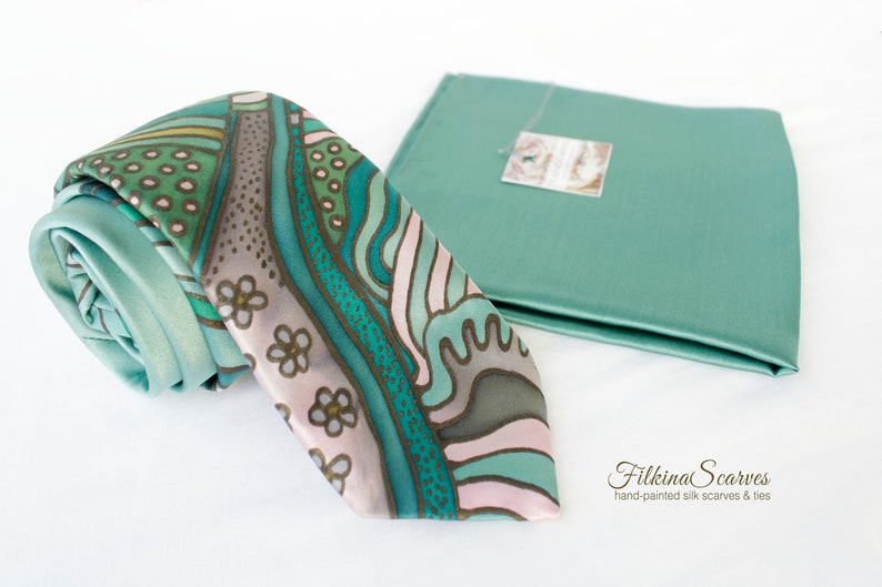 Floral Mint Green Mens Tie Handkerchief Silk Pocket Square Hanky