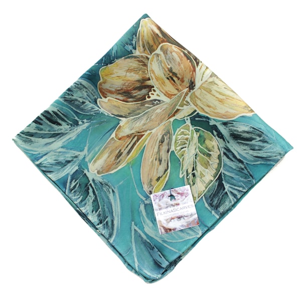 Man Blue Pocket Square HAND-PAINTED pure silk satin handkerchief with magnolia flowers. Wedding, Groom, Dad Unique Gift