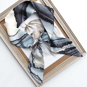 Hand Painted Skinny Silk Scarf - Platinum, Grey, Black & White - Perfect for Hairband, Headband, Purse Tie, or Small Neck Scarf