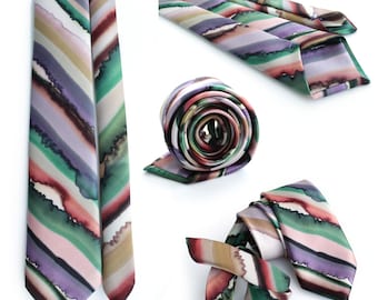 Hand-Painted Men&#39;s Silk Satin Tie | Abstract Striped Design | Perfect for Fathers, Dads, and Grooms