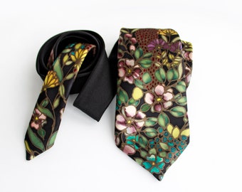 Unique Hand-Painted Silk Satin Men&#39;s Tie – OOAK Wildflowers & Cherry Blossom Design – Luxury Gift for Groom, Dad, Husband, Special Occasion