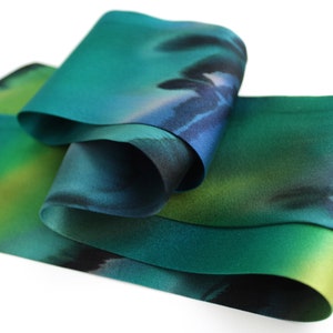 Skinny Scarf HAND-PAINTED Blue Green, Silk Satin Head Scarf Abstract Design, Small Scarf for Hair, Neck, Head, and Purse