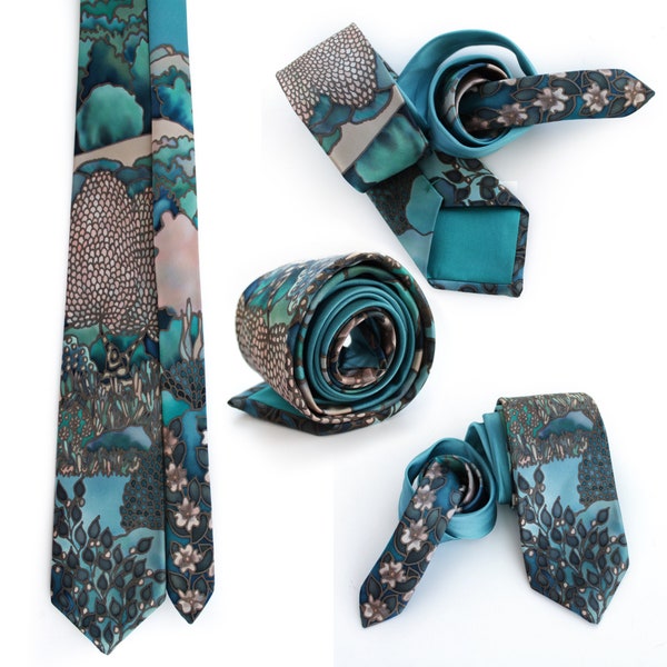 Blaue Seidenkrawatte Handbemalt, Einzigartige Bräutigam Hochzeit Krawatte mit Landschaftsdesign, Vatertagsgeschenk für Ihn, Papa, FilkinaScarves