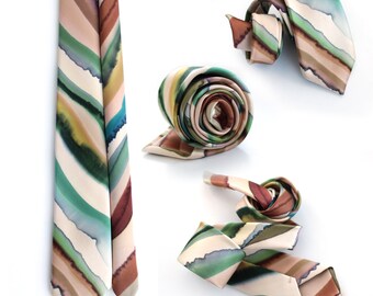 Groom Tie Hand-painted Silk Satin, Abstract Stripes, Luxury Creamy Necktie, Wedding Gift, Groomsman Proposal, Father&#39;s Day Dad gift