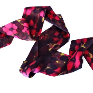 Long Silk Skinny Scarf HAND-PAINTED in Magenta and Olive. Luxury Satin Formal Floral Neck Hair Ladies Scarf. HBD Gift Woman 57x3.54&quot;