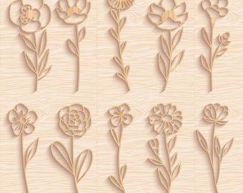 50 Wildflowers Bundle SVG DXF Laser Cut Files Glowforge Silhouette Cricut Flower Leaves Outline Bouquet Gifts for Her Mom Wife Wood Ornament