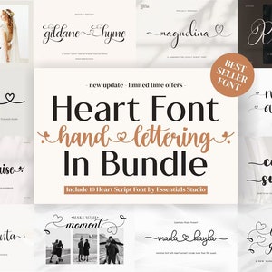 May include: A collage of 10 different heart-shaped script fonts, each with a unique style and name. The fonts are displayed on a white background with a brown heart symbol and the text "Heart Font hand lettering In Bundle".