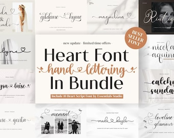 May include: A collage of 10 different heart-shaped script fonts, each with a unique style and name. The fonts are displayed on a white background with a brown heart symbol and the text "Heart Font hand lettering In Bundle".