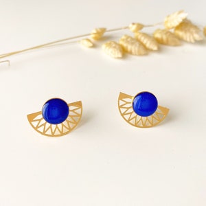 2 in 1 graphic royal blue lapis lazuli earring, modifiable fan stud, LILI model, 24k fine gold