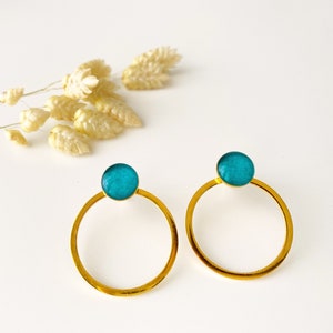 3 in 1 graphic turquoise blue earring, editable circle stud, OLY model, 24k fine gold and stainless steel image 1